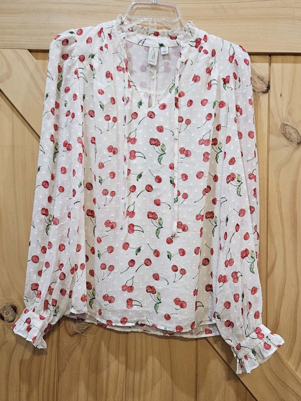 NWT | Joie Cherry-Print Ruffle Tie-Neck Blouse Sheer Sleeves | Small